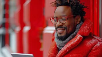AI Generated Standing in front of a red studio background, a smiling man browses the web on a tablet, sorts through emails and scrolls through an app. photo