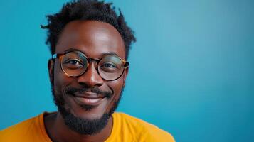 AI Generated A happy biracial male client, wearing casual clothing and glasses, looks at the camera excitedly with his mobile device, isolated on a blue studio background. photo