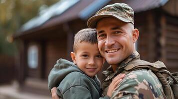 ai generado americano sonriente joven hermoso soldado participación un chico en su brazos foto