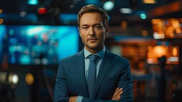 AI generated An adult, confident male news anchor tells the news on a federal channel photo