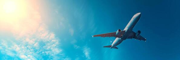 AI generated Beautiful background of blue sky and close-up of a flying airplane on the right photo