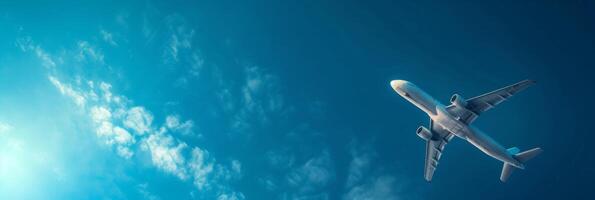 AI generated Beautiful background of blue sky and close-up of a flying airplane on the right photo