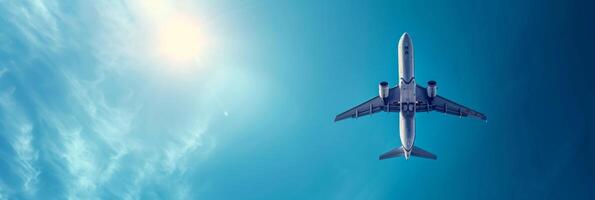 ai generado hermosa antecedentes de azul cielo y de cerca de un volador avión en el Derecha foto