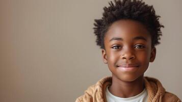 AI Generated A cool young African American teenager boy holding a laptop promoting remote learning and online webinars isolated on a light beige background. photo