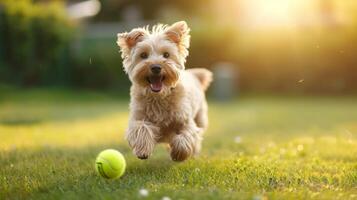 AI generated Fluffy shaggy dog plays on the summer lawn with a yellow tennis ball photo