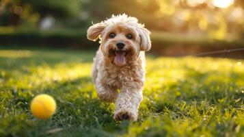 AI generated Fluffy shaggy dog plays on the summer lawn with a yellow tennis ball photo