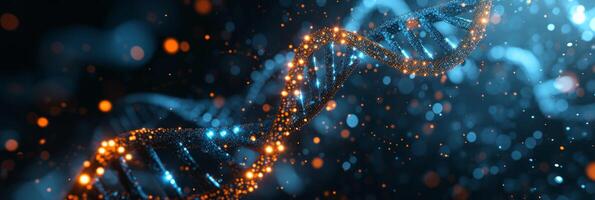 AI generated Dark abstract background on which a DNA helix is made up of bright dots photo