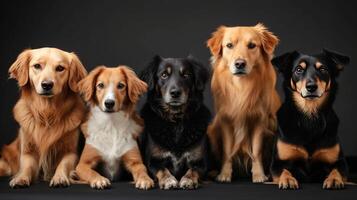 AI generated Five dogs sit in a row and look at the camera photo