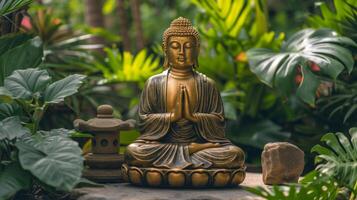 AI generated Golden Buddha statue against a background of green tropical plants photo