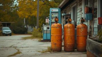 ai generado gas cilindros estar a un gas estación en un clásico americano pequeño pueblo foto