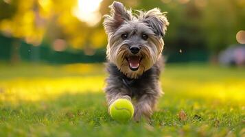 AI generated Fluffy shaggy dog plays on the summer lawn with a yellow tennis ball photo