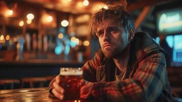AI generated Lonely sad man drinking beer in the evening in a bar photo