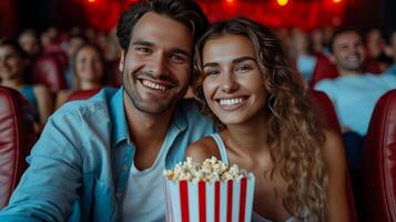 ai generado contento Pareja en amor sentado en el cine con un a rayas Cubeta de palomitas de maiz foto