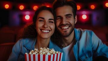 AI generated Happy couple in love sitting in the cinema with a striped bucket of popcorn photo