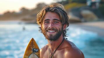 AI generated Handsome young tanned surfer stands on the ocean shore and looks at the camera smiling photo