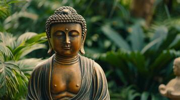 ai generado dorado Buda estatua en contra un antecedentes de verde tropical plantas foto