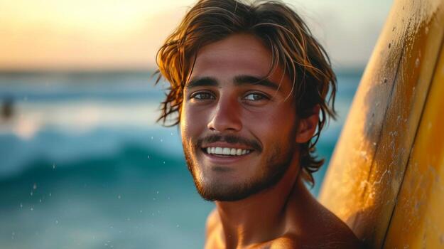 AI generated Handsome young tanned surfer stands on the ocean shore and looks at the camera smiling photo