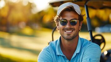ai generado hermoso masculino atleta golfista posando y mirando sonriente a el cámara foto