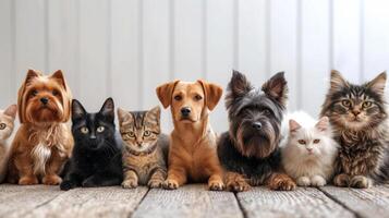 ai generado muchos diferente perros y gatos sentar en un fila y Mira a el cámara foto