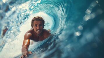 AI generated Handsome young tanned surfer on a big wave looking at the camera smiling photo