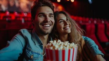 ai generado contento Pareja en amor sentado en el cine con un a rayas Cubeta de palomitas de maiz foto