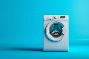 AI generated White washing machine stands isolated on blue background photo