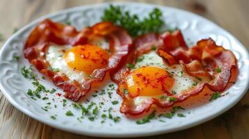 AI generated Fried eggs and bacon heart shape photo