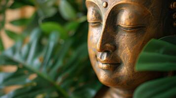 AI generated Golden Buddha statue against a background of green tropical plants photo