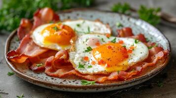 ai generado frito huevos y tocino corazón forma foto