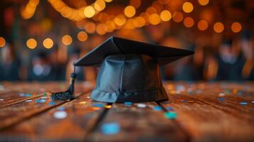 ai generado el graduado gorra mentiras en un de madera mesa foto