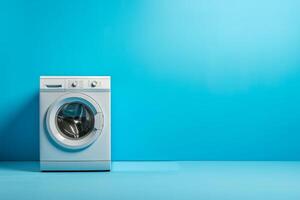 AI generated White washing machine stands isolated on blue background photo