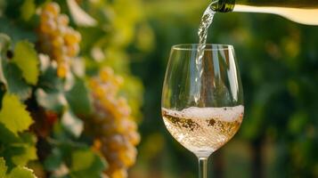 AI generated White wine is poured into a glass. Blurred background of vineyards from behind photo