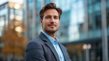 AI generated Young handsome businessman looking at the camera and smiling against the background of a blurred business center photo