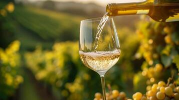 AI generated White wine is poured into a glass. Blurred background of vineyards from behind photo