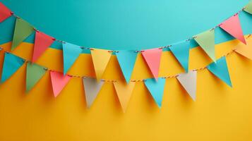 AI generated Triangular multi-colored bright paper garlands on a minimalistic bright background photo