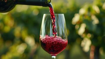 AI generated Red wine is poured into a glass. Blurred background of vineyards from behind photo