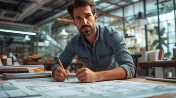 AI generated Young handsome engineer drawing a house project in a modern office photo