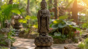 ai generado Roca Buda estatua soportes en un pedestal rodeado por tropical naturaleza foto