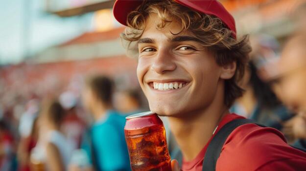 AI generated Young athletic man drinks soda and looks smiling at the camera photo