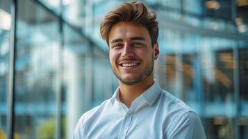 ai generado joven hermoso empresario mirando a el cámara y sonriente en contra el antecedentes de un borroso negocio centrar foto