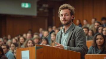 ai generado joven hermoso profesor habla desde el podio en frente de un audiencia con estudiantes foto