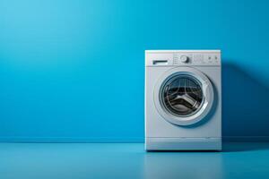 AI generated White washing machine stands isolated on blue background photo