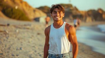 AI generated Young handsome hispanic man in short denim shorts and a white sleeveless tank top standing smiling photo