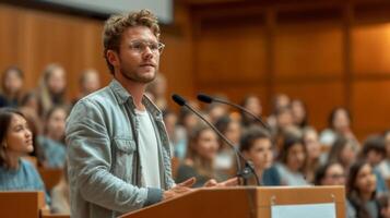 ai generado joven hermoso profesor habla desde el podio en frente de un audiencia con estudiantes foto