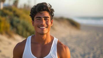 AI generated Young handsome hispanic man in short denim shorts and a white sleeveless tank top standing smiling photo