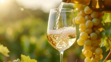 AI generated White wine is poured into a glass. Blurred background of vineyards from behind photo