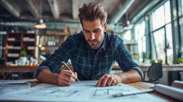 AI generated Young handsome engineer drawing a house project in a modern office photo