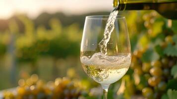 AI generated White wine is poured into a glass. Blurred background of vineyards from behind photo