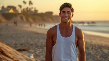 AI generated Young handsome hispanic man in short denim shorts and a white sleeveless tank top standing smiling photo