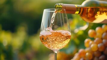 AI generated White wine is poured into a glass. Blurred background of vineyards from behind photo